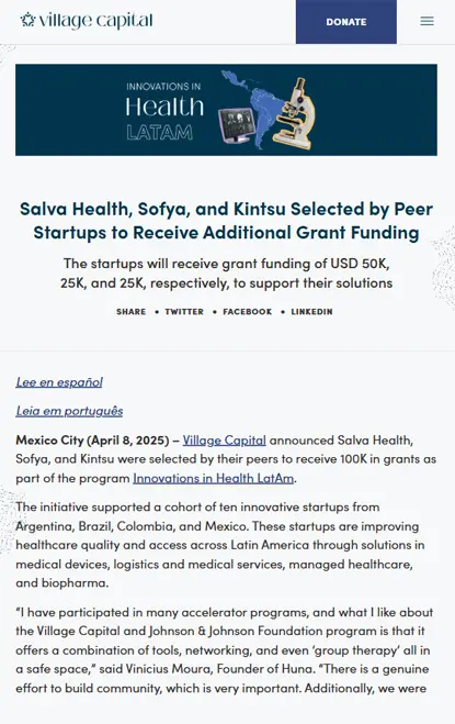 Salva Health, Sofya, and Kintsu selected by Peer Startups to receive additional grant funding.